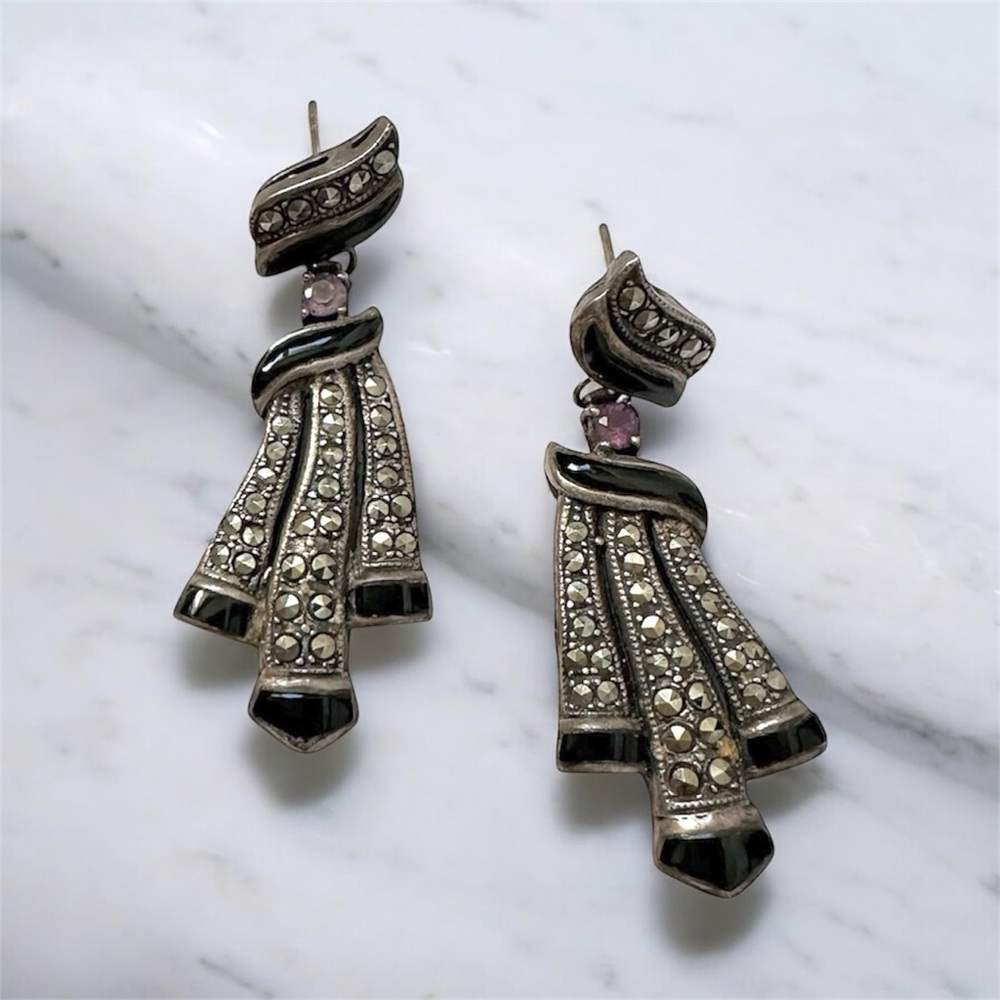 Vintage 80's Art Deco Silver and Black Sparkly Dangle Earrings